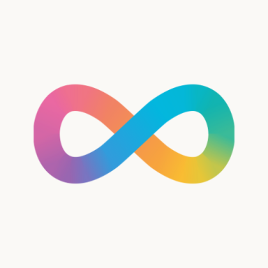 Multicoloured infinity loop logo with gradient hues of pink, purple, blue, and yellow.