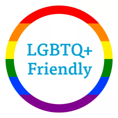 Circle with rainbow colours and the text "LGBTQ+ Friendly" in the centre.