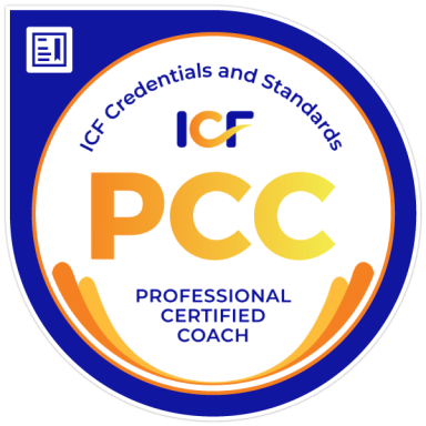 ICF Professional Certified Coach (PCC) certification logo with blue, orange, and yellow design.